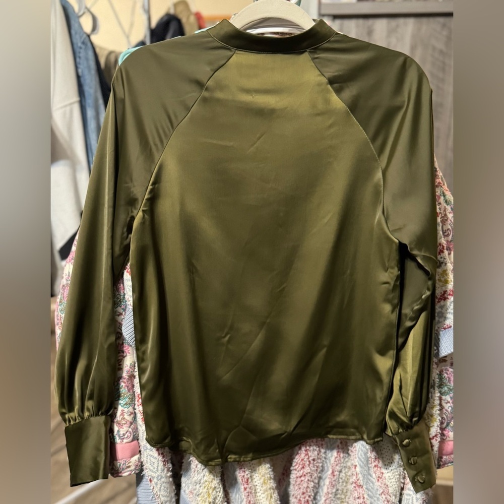 Y.A.S Olive Green Satin Top with tie neck accent - Picture 4 of 8